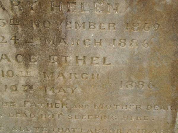 children of James & Jane BRADFORD;  | Mary Helen,  | born 23 Nov 1869,  | died 24 March 1886;  | Grace Ethel,  | born 10 March 1886,  | died 10 May 1886;  | Charles George BRADFORD,  | son,  | died 16 Aug 1899 aged 20 years,  | erected by mother;  | Jane BRADFORD,  | died 29 Oct 1920 aged 69 years;  | James BRADFORD,  | died 20 July 1943 aged 94 years;  | Killarney cemetery, Warwick Shire  | 