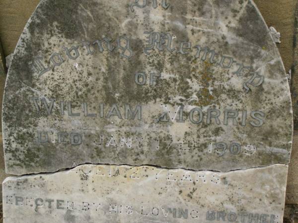 William MORRIS,  | died 17 Jan 1909 aged 2 years,  | erected by brother Geoffrey;  | Killarney cemetery, Warwick Shire  | 