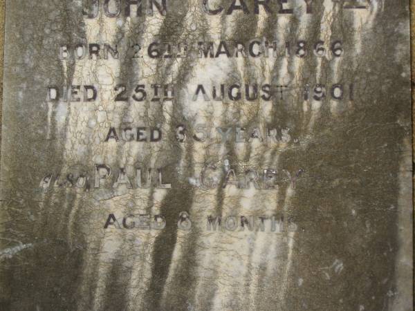 John CAREY junr,  | born 26 March 1866,  | died 25 Aug 1901 aged 35 years;  | Paul CAREY,  | aged 8 months;  | Walter CAREY,  | aged 79? years;  | Jane May CAREY,  | died 20 Jan? 1894 aged 74? years;  | Killarney cemetery, Warwick Shire  | 