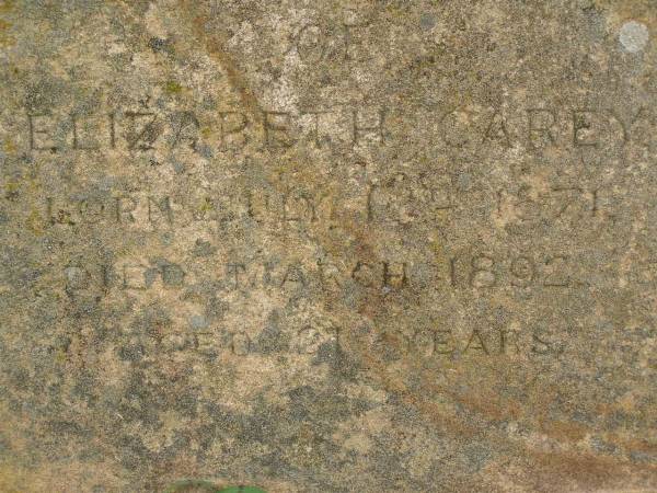 Mary Ann CAREY,  | died 10 Nov 1914 aged 69 years;  | John,  | died 20 Oct 1917 aged 80 years;  | Henry Walter,  | died 22 Oct 1888 aged 10 years;  | Elizabeth,  | born 12? July 1871,  | died March 1892 aged 21 years;  | Killarney cemetery, Warwick Shire  | 
