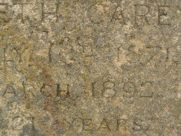 Mary Ann CAREY,  | died 10 Nov 1914 aged 69 years;  | John,  | died 20 Oct 1917 aged 80 years;  | Henry Walter,  | died 22 Oct 1888 aged 10 years;  | Elizabeth,  | born 12? July 1871,  | died March 1892 aged 21 years;  | Killarney cemetery, Warwick Shire  | 