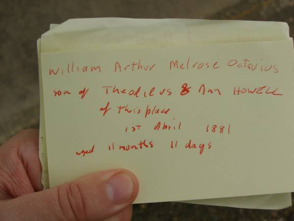 Theophilus HOWELL,  | died 11 March 1902 aged 77 years,  | born in Wales,  | lived in Qld 50 years;  | Anne HOWELL,  | wife,  | died 13 Jan 1927 in 85th year,  | residing in Qld 74 years;  | Joseph Charles HOWELL,  | born Killarney 24-10-1872,  | died Brisbane 11-3-1940,  | buried Toowong;  | William Arthur Melrose Octavius,  | son of Theophilus & Ann HOWELL of this place,  | died 1 April 1881 aged 11 months 11 days;  | Anna Douglas,  | wife of T.J. HOWELL  Melrose ,  | died 7 Oct 1928 aged 66 years;  | Theophilus John HOWELL,  | born Fassifern Qld 15 July 1862,  | died Bordertown SA 17 Dec 1935;  | Archibald Dunbar HOWELL,  | born 17 July 1905,  | died 25 March 1934;  | Aisla Grace HOWELL,  | born 8 Oct 1910,  | died 8 Aug 1911;  | Killarney cemetery, Warwick Shire  | 