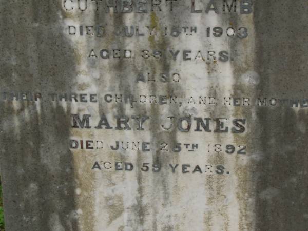 Mary Elizabeth,  | wife of Cuthbert LAMB,  | died 15 July 1903 aged 39 years;  | three children;  | Mary JONES,  | mother,  | died 25 June 1892 aged 59 years;  | Cuthbert LAMB,  | father,  | died 8 Sept 1954 aged 92 years;  | Dina Isabella LAMB,  | sister,  | died 22 Sept 1974 aged 85 years;  | Killarney cemetery, Warwick Shire  | 