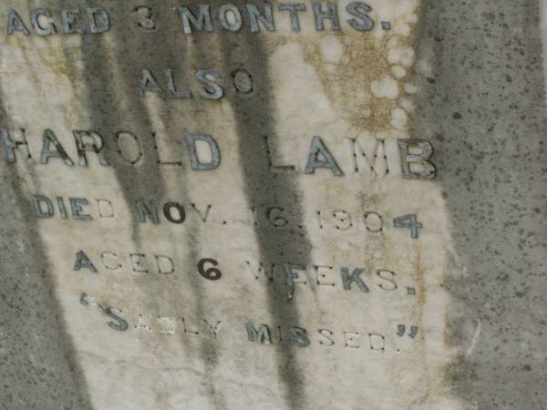 Edna May LAMB,  | died 10 Dec 1902 aged 3 months;  | Harold LAMB,  | died 16 Nov 1904 aged 6 weeks;  | William LAMB,  | father,  | died 20 Nov 1953 aged 93 years;  | Mary Ann LAMB,  | wife mother,  | died 12 April 1950 aged 89 years;  | Killarney cemetery, Warwick Shire  | 
