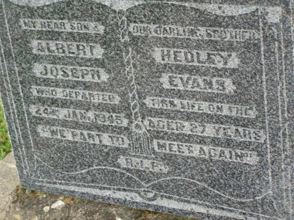 Albert Hedley Joseph (Joe) EVANS,  | son brother,  | died 24 Jan 1945 aged 27 years;  | Killarney cemetery, Warwick Shire  | 