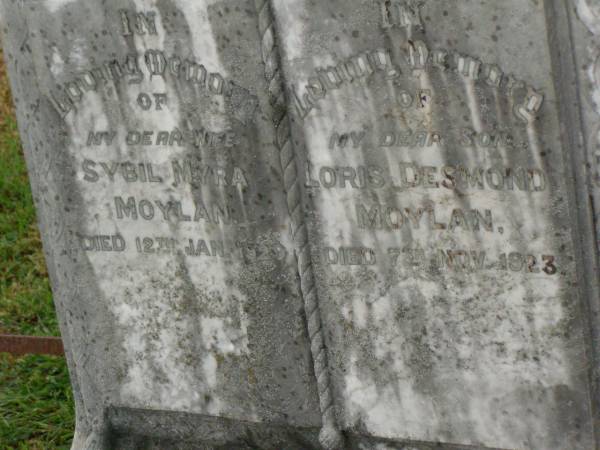 Sybil Myra MOYLAN,  | wife,  | died 12 Jan 1929;  | Loris Desmond MOYLAN,  | son,  | died 7 Nov 1923;  | Killarney cemetery, Warwick Shire  | 