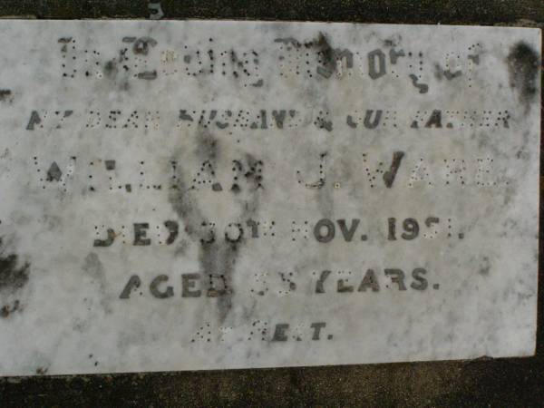 William J. WARE,  | husband father,  | died 30 Nov 1951 aged 55 years;  | Ivy Pearl WARE,  | mother,  | died 27 Dec 1965 aged 64 years;  | Killarney cemetery, Warwick Shire  | 