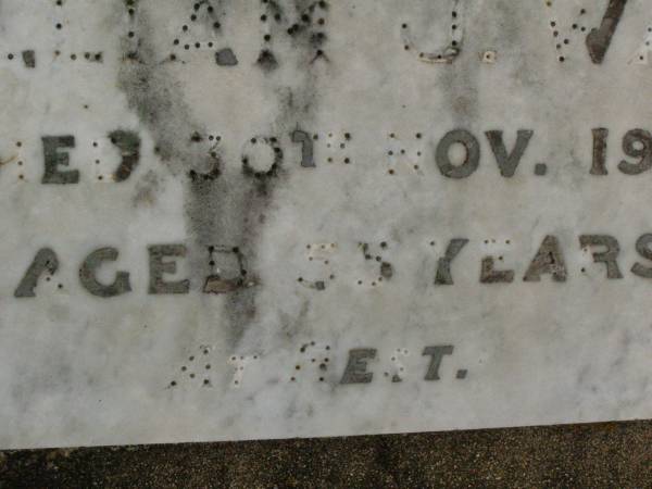 William J. WARE,  | husband father,  | died 30 Nov 1951 aged 55 years;  | Ivy Pearl WARE,  | mother,  | died 27 Dec 1965 aged 64 years;  | Killarney cemetery, Warwick Shire  | 