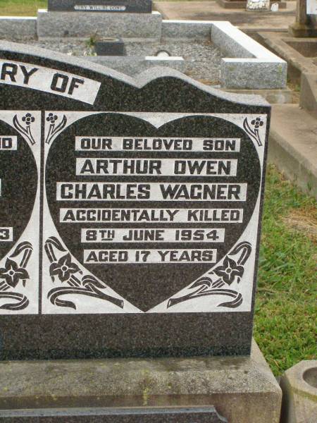 Dorothy (Dot) Elizabeth Hannah WAGNER,  | wife,  | died 6 Nov 1994 aged 82 years;  | Owen David WAGNER,  | husband father,  | died 20 Aug 1983 aged 83 years;  | Arthur Owen Charles WAGNER,  | son,  | accidentally killed 8 June 1954 aged 17 years;  | Killarney cemetery, Warwick Shire  | 
