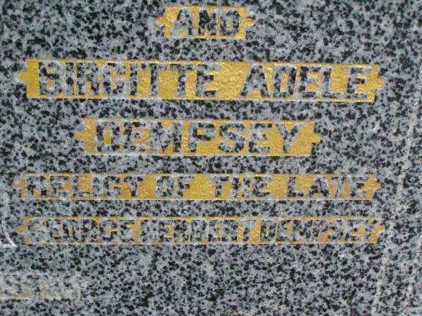 George Herbert DEMPSEY,  | husband,  | 1888 - 1944;  | Birgitte Adele DEMPSEY,  | relict of George Herbert DEMPSEY;  | Killarney cemetery, Warwick Shire  | 