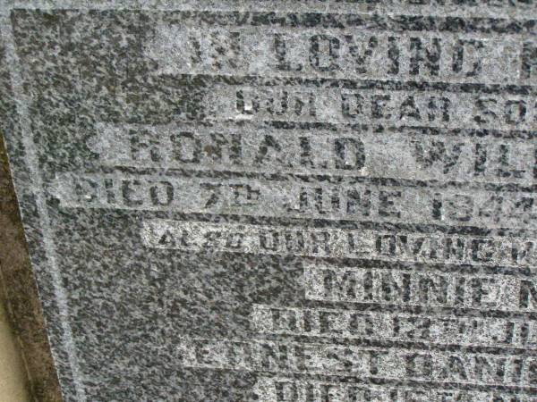Ronald William NEDEN,  | son brother,  | died 7 June 1944 aged 23 years;  | Minnie NEDEN,  | mother,  | died 13 June 1951;  | Ernest Daniel NEDEN,  | father,  | died 16 Mar 1952;  | Killarney cemetery, Warwick Shire  | 