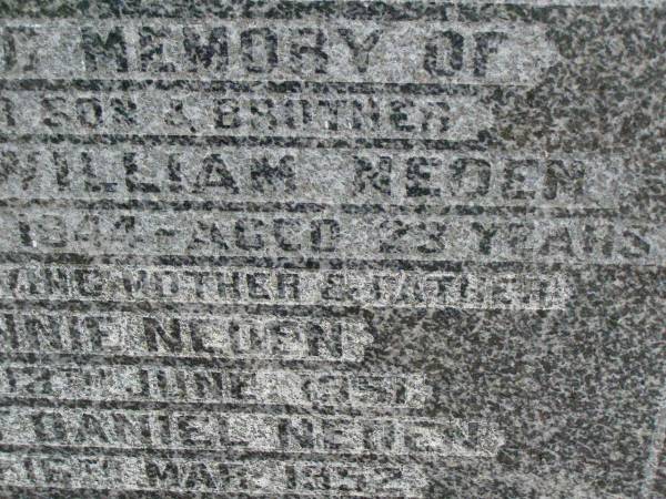 Ronald William NEDEN,  | son brother,  | died 7 June 1944 aged 23 years;  | Minnie NEDEN,  | mother,  | died 13 June 1951;  | Ernest Daniel NEDEN,  | father,  | died 16 Mar 1952;  | Killarney cemetery, Warwick Shire  | 