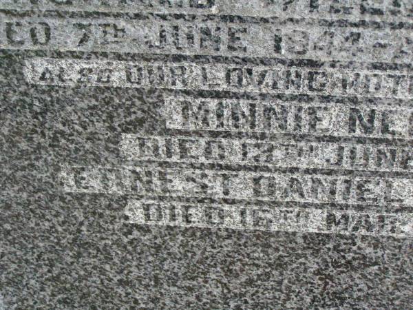Ronald William NEDEN,  | son brother,  | died 7 June 1944 aged 23 years;  | Minnie NEDEN,  | mother,  | died 13 June 1951;  | Ernest Daniel NEDEN,  | father,  | died 16 Mar 1952;  | Killarney cemetery, Warwick Shire  | 