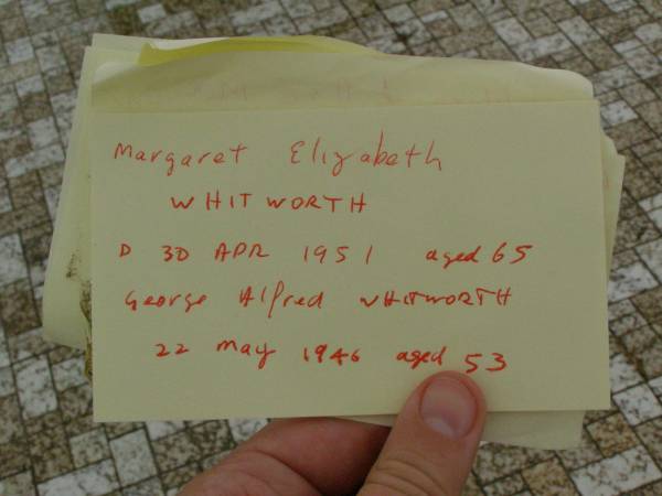 Margaret Elizabeth WHITWORTH,  | mother,  | died 30 April 1951 aged 65 years;  | George Alfred WHITWORTH,  | husband father brother,  | died 22 May 1946 ageed 53 years;  | Killarney cemetery, Warwick Shire  | 
