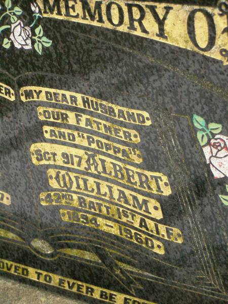 Elsie Olive RAGH,  | mother nana,  | 1892 - 1977;  | Albert William RAGH,  | husband father poppa,  | 1894 - 1960;  | Killarney cemetery, Warwick Shire  | 