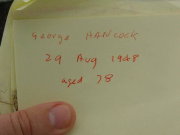 George HANCOCK,  | husband father,  | died 29 Aug 1948 aged 78 years;  | Emily Rachel HANCOCK,  | mother,  | died 27 Aug 1965 aged 95 years;  | Killarney cemetery, Warwick Shire  | 