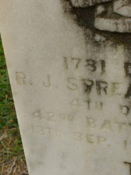 R.J. SPREADBOROUGH,  | died 13 Sept 1958 aged 72 years;  | Killarney cemetery, Warwick Shire  | 