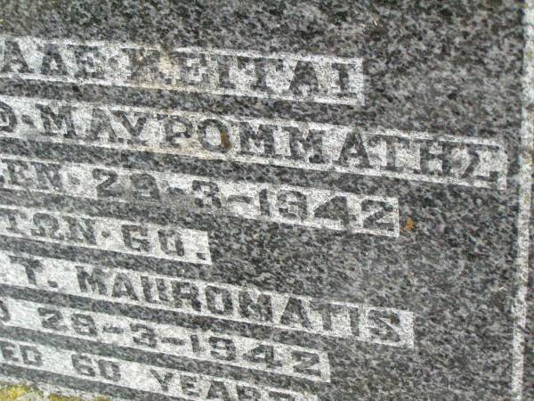 George T. MAUROMATIS,  | died 29-3-1942 aged 60 years;  | Killarney cemetery, Warwick Shire  | 