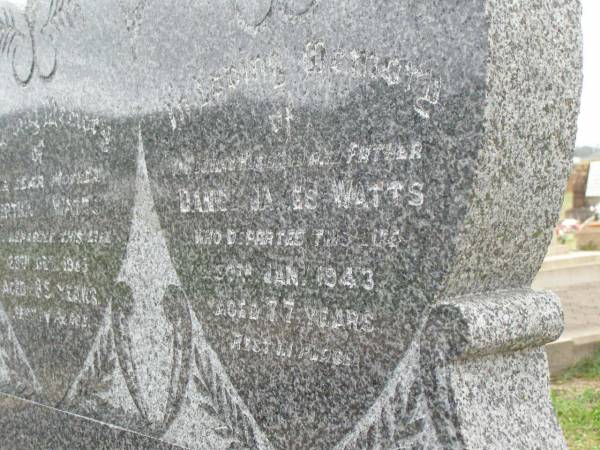 Bertha WATTS,  | mother,  | died 28 Dec 1955 aged 85 years;  | Daniel James WATTS,  | husband father,  | died 30 Jan 1943 aged 77 years;  | Killarney cemetery, Warwick Shire  | 