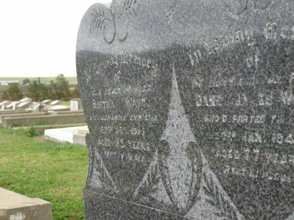 Bertha WATTS,  | mother,  | died 28 Dec 1955 aged 85 years;  | Daniel James WATTS,  | husband father,  | died 30 Jan 1943 aged 77 years;  | Killarney cemetery, Warwick Shire  | 