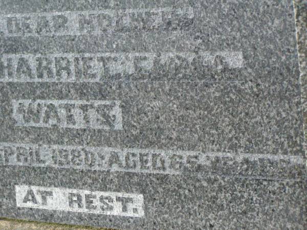 Herbert WATTS,  | husband father,  | died 4 Jan 1954 aged 48 years;  | Jean Harriet Emma WATTS,  | mother,  | died 27 April 1980 aged 65 years;  | Killarney cemetery, Warwick Shire  | 