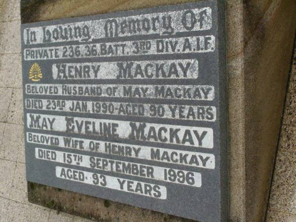 parents;  | James LAMB,  | died 24 Nov 1942 aged 65 years;  | Ida Elizabeth Jane LAMB,  | died 27 Nov 1954 aged 75 years;  | Henry MACKAY,  | husband of May MACKAY,  | died 23 Jan 1990 aged 90 years;  | May Eveline MACKAY,  | wife of Henry MACKAY,  | died 15 Sept 1996 aged 93 years;  | Killarney cemetery, Warwick Shire  | 