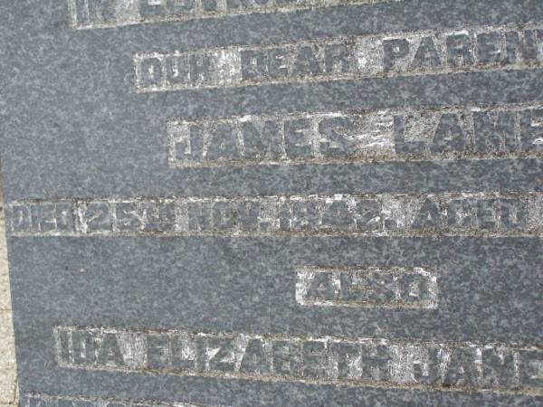 parents;  | James LAMB,  | died 24 Nov 1942 aged 65 years;  | Ida Elizabeth Jane LAMB,  | died 27 Nov 1954 aged 75 years;  | Henry MACKAY,  | husband of May MACKAY,  | died 23 Jan 1990 aged 90 years;  | May Eveline MACKAY,  | wife of Henry MACKAY,  | died 15 Sept 1996 aged 93 years;  | Killarney cemetery, Warwick Shire  | 