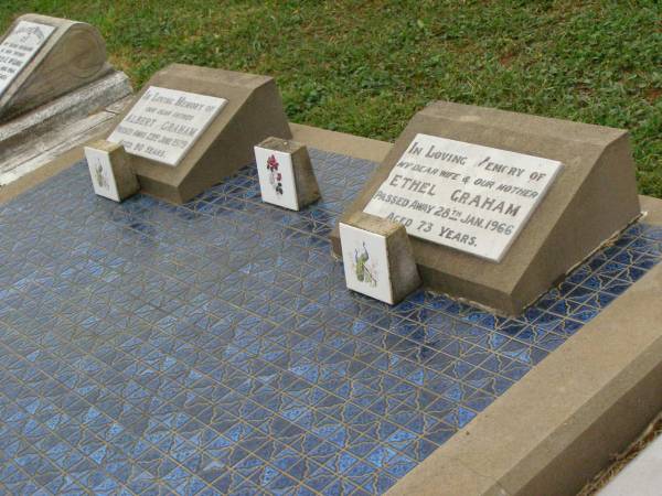 Albert GRAHAM,  | father,  | died 23 June 1979 aged 90 years;  | Ethel GRAHAM,  | wife mother,  | died 28 Jan 1966 aged 73 years;  | Killarney cemetery, Warwick Shire  | 