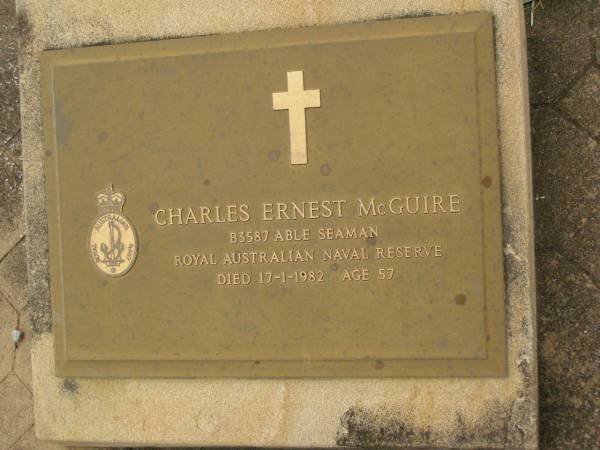 Esther Diana MCGUIRE,  | mother,  | died 17 Sept 1972 aged 86 years 7 months;  | Charles Ernest MCGUIRE,  | died 17-1-1982 aged 57 years;  | Killarney cemetery, Warwick Shire  | 