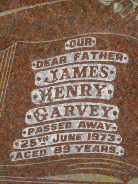 James Henry GARVEY,  | father,  | died 25 June 1973 aged 89 years;  | Margaret Elizabeth GARVEY,  | wife mother,  | died 25 Dec 1961 aged 67 years;  | Killarney cemetery, Warwick Shire  | 