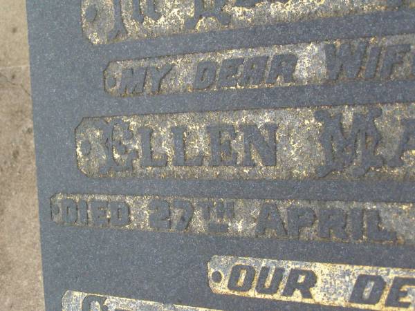 Ellen Mary BALLARD,  | wife mother,  | died 27 April 1970 aged 61 years;  | Stephen David BALLARD,  | father,  | died 15 June 1982 aged 77 years;  | Killarney cemetery, Warwick Shire  | 