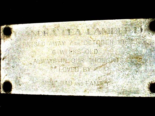 Sandra Lea LAMBERT,  | died  7 Oct 1962 aged 6 weeks,  | loved by mum dad & family;  | Killarney cemetery, Warwick Shire  | 
