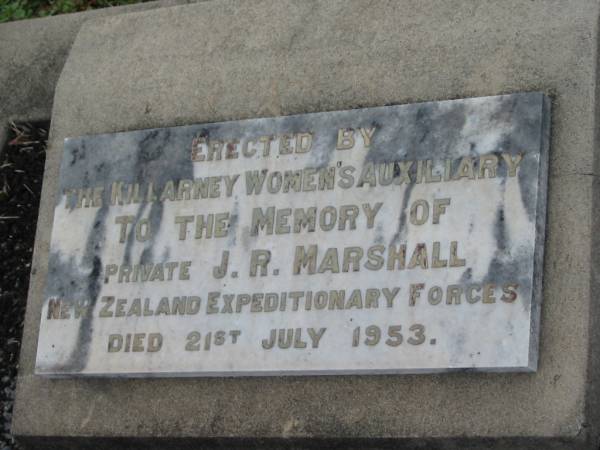 J.R. MARSHALL,  | died 21 July 1953;  | Killarney cemetery, Warwick Shire  | 