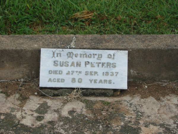 Cuthbert Edward PETERS,  | died 20 Jan 1939 aged 42 years;  | Susan PETERS,  | died 27 Sept 1937 aged 80 years;  | Beatrice Mary PETERS,  | died 30 Jan 1940,  | cremated Brisbane;  | John PETERS,  | died 25 Sept 1937 aged 81 years;  | Killarney cemetery, Warwick Shire  | 