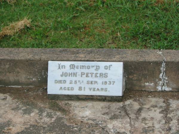 Cuthbert Edward PETERS,  | died 20 Jan 1939 aged 42 years;  | Susan PETERS,  | died 27 Sept 1937 aged 80 years;  | Beatrice Mary PETERS,  | died 30 Jan 1940,  | cremated Brisbane;  | John PETERS,  | died 25 Sept 1937 aged 81 years;  | Killarney cemetery, Warwick Shire  | 