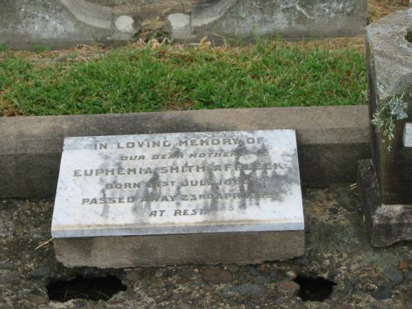 John Edward AFFLECK,  | brother,  | born 7 May 1891,  | died 13 Aug 1952;  | John Peter AFFLECK,  | died 30 April 1930 aged 68 years,  | erected by wife & family;  | Clyde Edgar AFFLECK,  | born 17 May 1858,  | died 27 Oct 1918 Sierra Leone;  | Sideny Francis AFFLECK,  | born 11 May 1890,  | died Oct 1890;  | Euphemia Smith AFFLECK,  | mother,  | born 31 July 1869,  | died 23 April 1958?;  | Killarney cemetery, Warwick Shire  |   | 