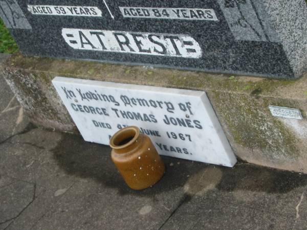 James G.H. JONES,  | died 15 July 1946 aged 59 years;  | Sybil M. JONES,  | died 15 April 1975 aged 84 years;  | George Thomas JONES,  | died 4 June 1967 aged 48 years;  | Jean Sybil JONES,  | daughter,  | died 1 Jan 1930? aged 13 1/2 years;  | Killarney cemetery, Warwick Shire  | 