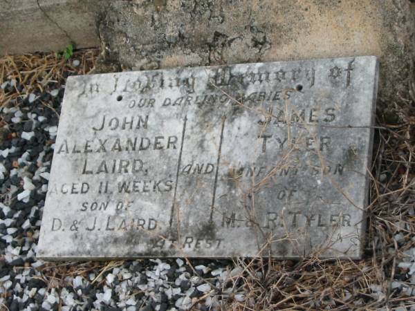 Hilda Elizabeth,  | daughter of J. & M. LAIRD,  | died 23 Oct 1918 aged 16 1/2 years;  | David LAIRD,  | died 31 July 1920 aged 87 years;  | Mary Eva LAIRD,  | wife mother,  | died 24 Aug 1952 aged 71 years;  | James David LAIRD,  | father,  | died 14 July 1954 aged 84 years;  | John Alexander LAIRD,  | died 11 weeks,  | son of D. & J. LAIRD;  | James TYLER,  | infant son of M. & R. TYLER;  | Killarney cemetery, Warwick Shire  | 