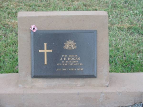 J.E. HOGAN,  | died 6 May 1973 aged 80 years;  | Killarney cemetery, Warwick Shire  | 