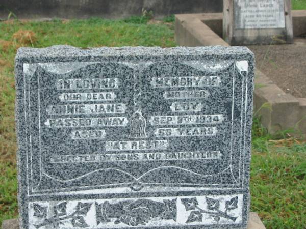 Annie Jane LOY,  | mother,  | died 9 Sept 1934 aged 55 years,  | erected by sons & daughters;  | Leslie Alec ??? LOY,  | husband,  | died 2 July 1959 aged 48 years;  | Everell Henry LOY,  | brother,  | died 9 Nov 1957 aged 59 years;  | Killarney cemetery, Warwick Shire  | 