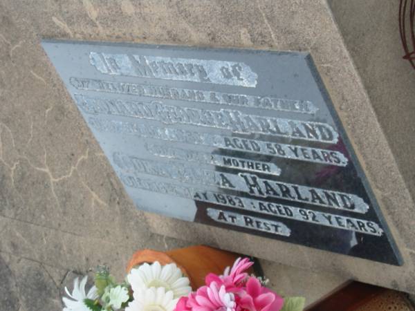 Leonard George HARLAND,  | husband father,  | died 5 Oct 1950 aged 58 years;  | Dora Eliza HARLAND,  | mother,  | died 14 May 1983 aged 92 years;  | Killarney cemetery, Warwick Shire  | 