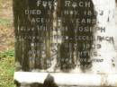 
Christina,
wife of Fred RACH,
died 5 Nov 1894 aged 18 12 years;
William Joseph,
son of Fred & Cecilia RACH,
died 11 Sept 1909 aged 9 12 months;
Frederick Rudolph RACH,
husband father,
died 12 May 1935 aged 68 years;
Annie Cecilia RACH,
mother,
died 10 Jan 1954 aged 75 years;
Killarney cemetery, Warwick Shire
