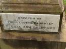 
William John SHEPPARD,
died 23 Aug 1903 aged 64 years;
Ann,
wife,
died 4 Sept 1903 aged 55? years;
Albert James,
son,
died 10? July 1890 aged 12 years;
erected by daughter Elesia Ann SHEPPARD;
Killarney cemetery, Warwick Shire
