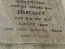 
James ARBUTHNOT,
died 14 July 1913 aged 84 years;
Margaret,
wife,
died 9 Nov 1875 aged 47 years;
Rosie,
daughter,
aged 5 years;
Killarney cemetery, Warwick Shire
