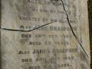 
children of James & Jane BRADFORD;
Mary Helen,
born 23 Nov 1869,
died 24 March 1886;
Grace Ethel,
born 10 March 1886,
died 10 May 1886;
Charles George BRADFORD,
son,
died 16 Aug 1899 aged 20 years,
erected by mother;
Jane BRADFORD,
died 29 Oct 1920 aged 69 years;
James BRADFORD,
died 20 July 1943 aged 94 years;
Killarney cemetery, Warwick Shire
