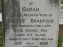 
Sarah,
wife of George BRADFORD,
born County Down Ireland 16 July 1846,
died 27 March 1911 aged 65 years;
George BRADFORD,
died 24 Dec 1930 aged 87 years;
Georgina,
wife of Raven G. BRADFORD,
died 11 Feb 1912 aged 19 years;
Raven Roy,
infant son,
died 3 May 1912 aged 3 months;
Killarney cemetery, Warwick Shire
