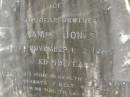 
James JONES,
brother,
died 17 Nov 1906 aged 49 years,
erected by brother Thomas JONES
& sister Dinah GILLESPIE;
Killarney cemetery, Warwick Shire
