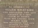 
Allen GRAYSON,
died 16 Aug 1895 aged 57 years;
Mary Ann,
wife,
died 6 March 1892 aged 55 years;
erected by sons;
Killarney cemetery, Warwick Shire
