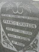 
Eliza GRAYSON,
mother,
died 10 Feb 1956 aged 86 years;
Francis GRAYSON,
husband father,
died 31 Dec 1939 aged 75 years;
Killarney cemetery, Warwick Shire
