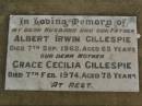 
Albert Irwin GILLESPIE,
husband father,
died 7 Sep 1962 aged 65 years;
Grace Cecilia GILLESPIE,
mother,
died 7 Feb 1974 aged 78 years;
Killarney cemetery, Warwick Shire
